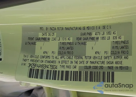 2025 Mazda Mazda3 2.5 S from USA, damaged, VIN 3MZBPAAM8SM476604